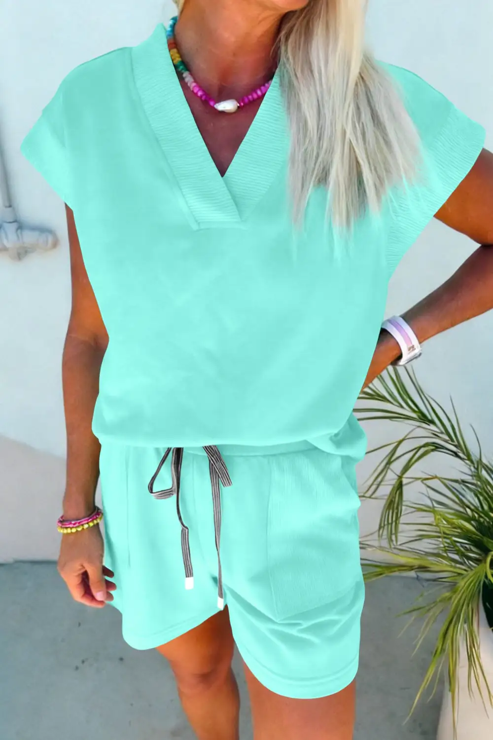 Sleeve Drawstring Relaxed Shorts Lounge Set Comfort