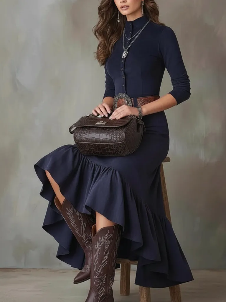 Elegant Suede Asymmetrical Hem Midi Dress