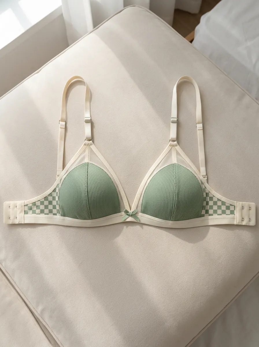 Women's Sage Green Ribbed Checkered Mesh Printed Bra