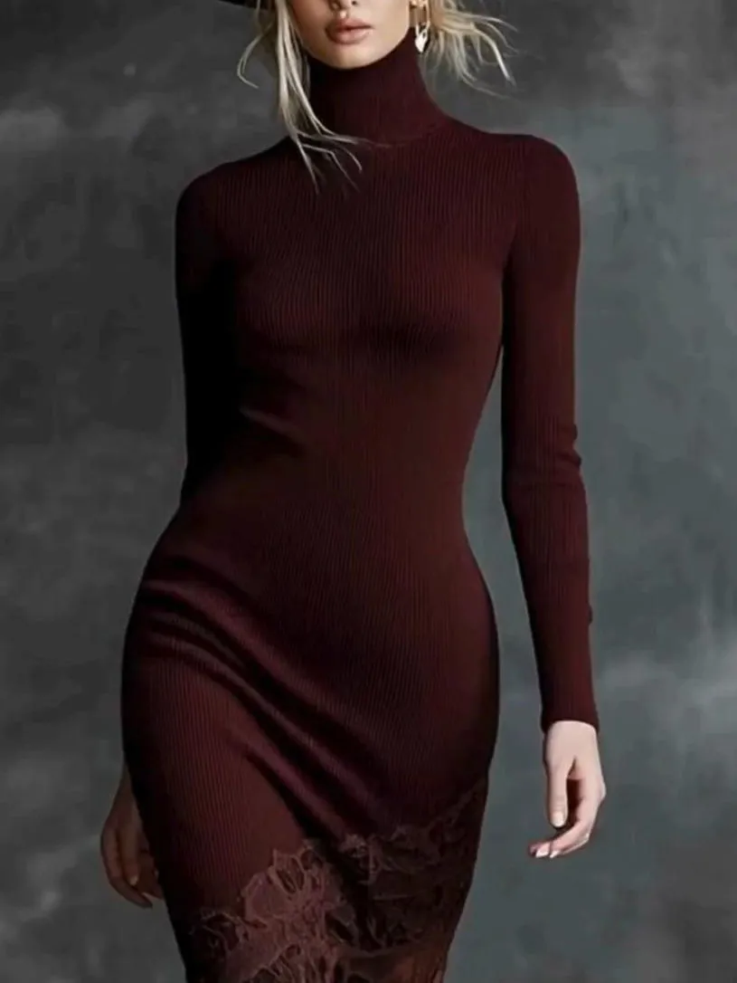Elegant High Neck Lace Trimmed Knit Midi Dress