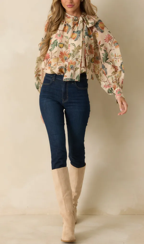 Tie-Neck Long-Sleeve Bow-Detail Floral-Print Blouse