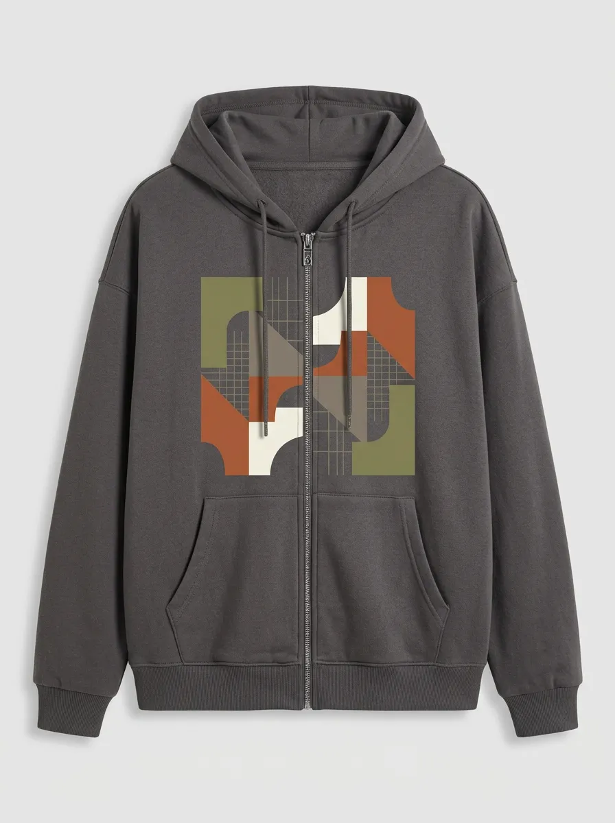 Unisex Abstract Geometric Pattern Printed Zip-up Hoodie