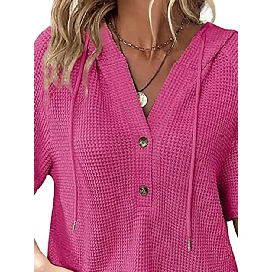 Waffle Knit Hooded Short Sleeve Blouse