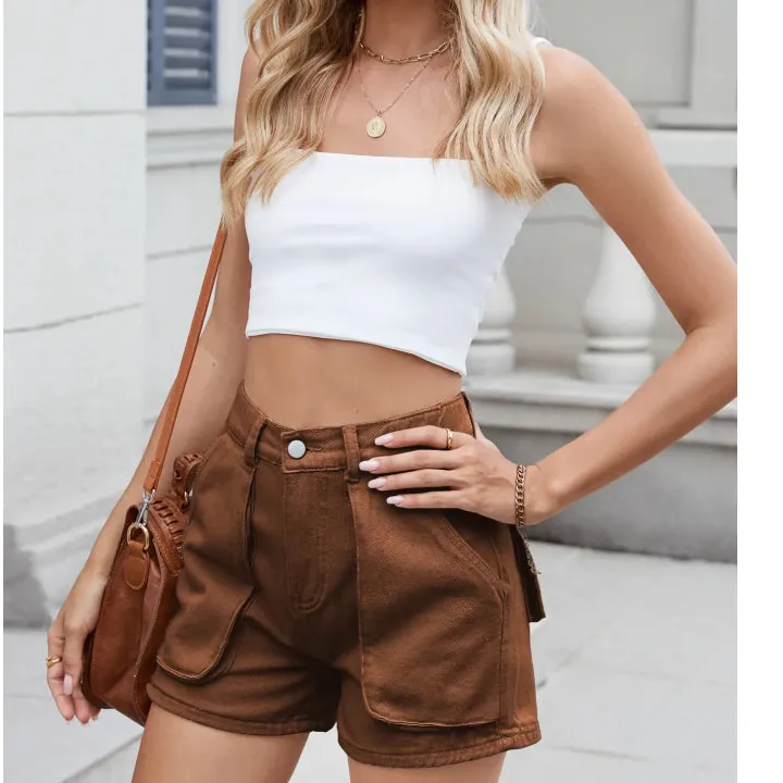 High Waist Utility Pocket Denim Shorts