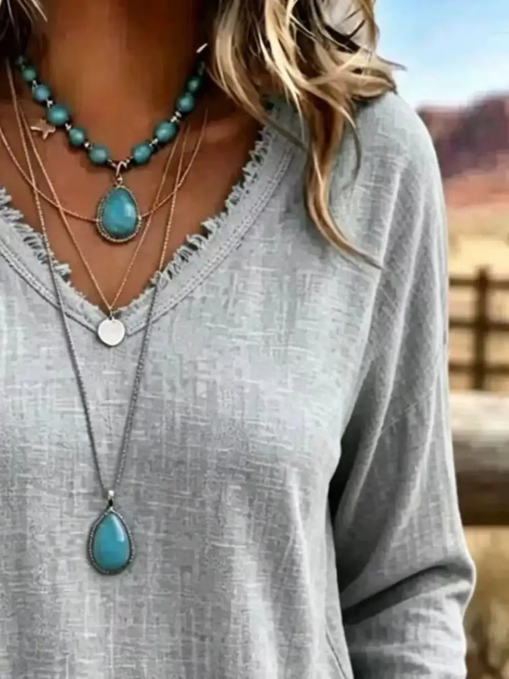 Long Sleeve V-Neck Frayed Hem Blouse