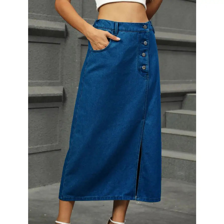 Slit Button Detail Denim Midi Skirt
