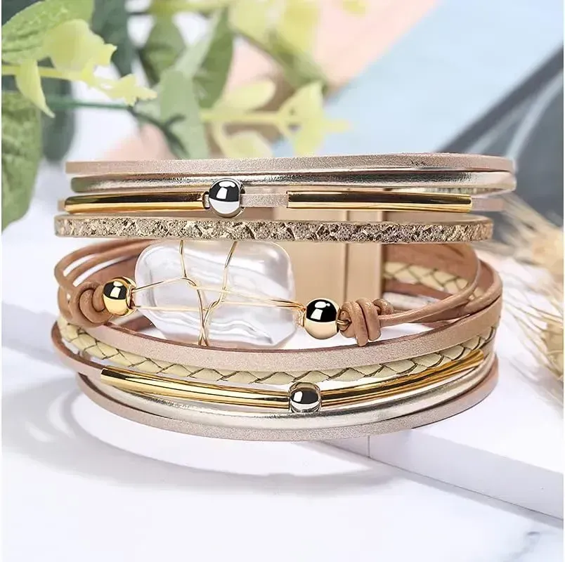 Fesciory Leather Wrap Bracelets for Women, Boho Leopard Multi-Layer Crystal Beads Cuff Bracelet Jewelry