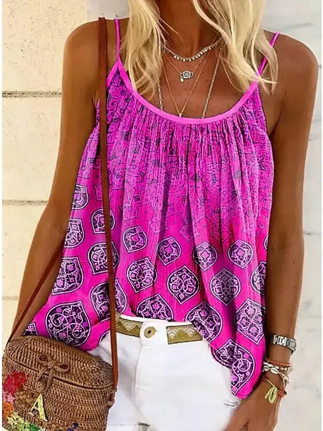 Women's Summer Tops Tank Top Pink Blue Orange Graphic Print Sleeveless Casual Weekend Basic Round Neck Regular S