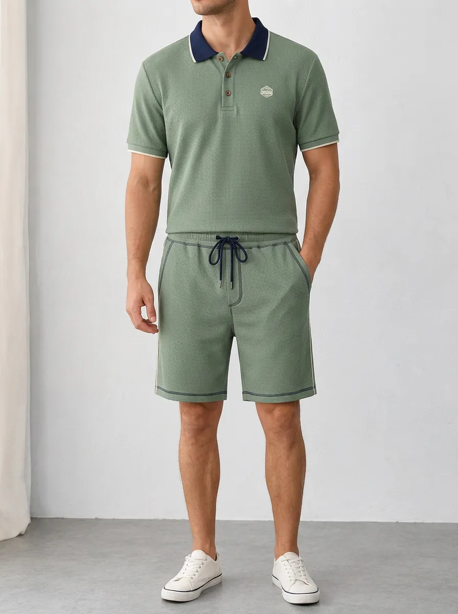 Men's Casual Waffle Knit Contrast Collar Polo Shirt