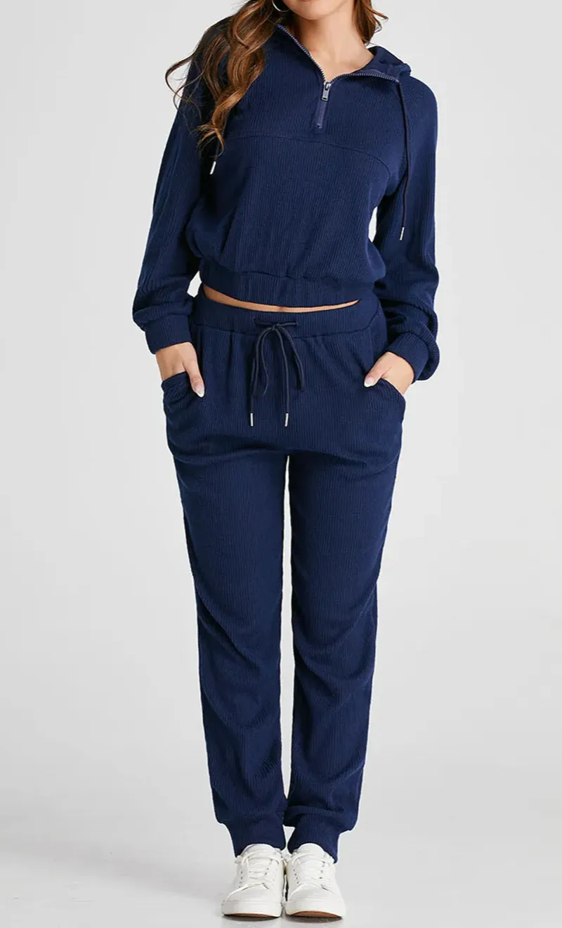 Drawstring Half Zip Hoodie and Joggers Active Set