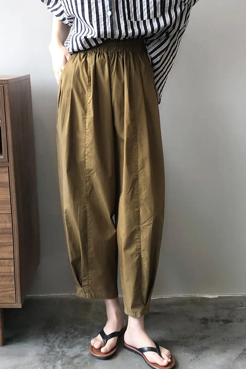 Refined Cotton Wide Leg Elastic Waist Pocketed Trousers