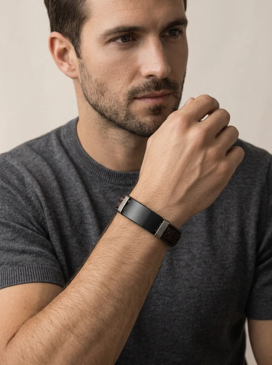 Men's Refined Braided Leather Metal Plate Bracelet