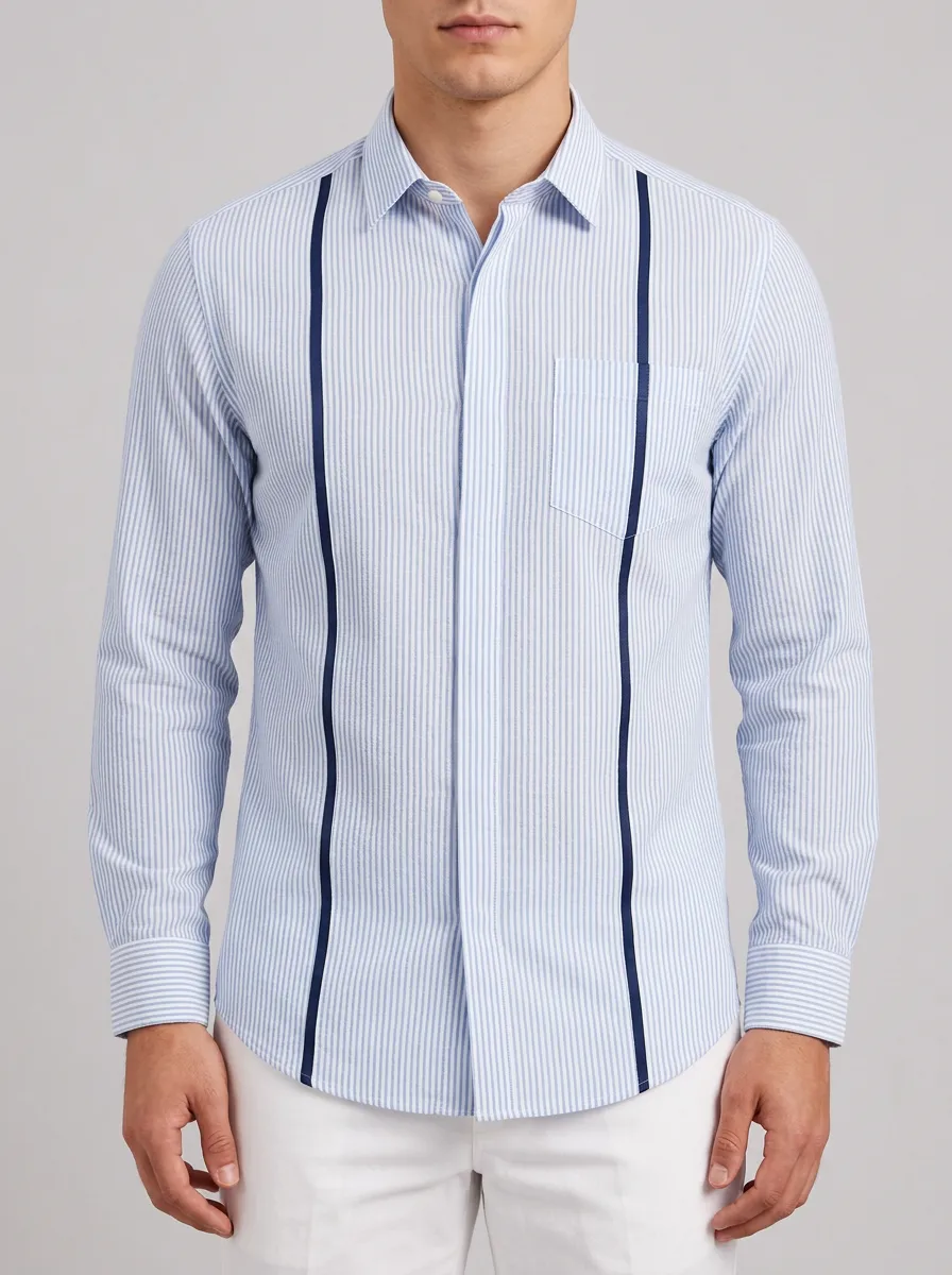 Men's Casual Business Blue Striped Vertical Panel Printed Shirt