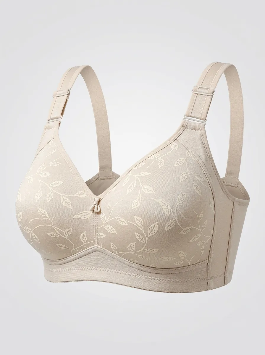 Women's Plus Size Beige Leaf Full-Coverage Bow-Detail Wireless Bra