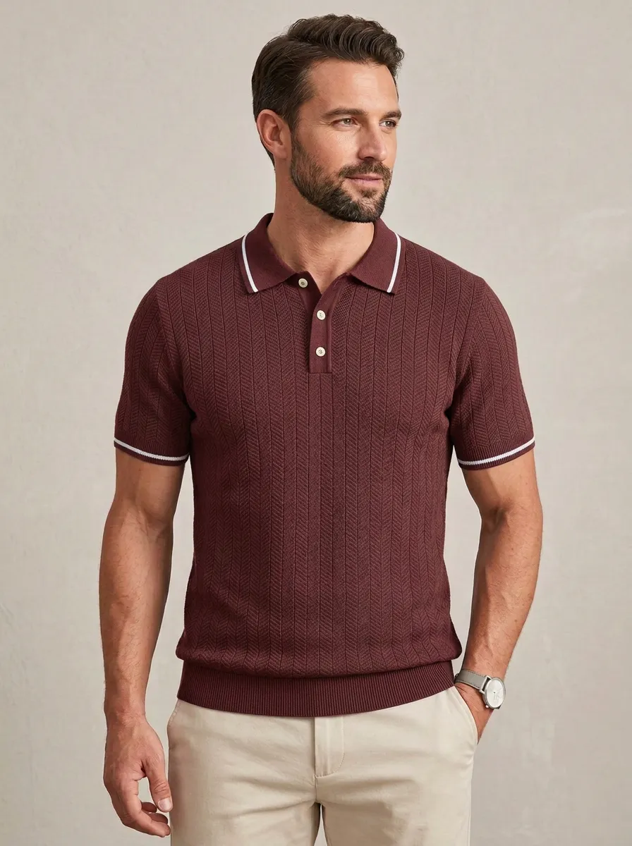 Men's Casual Herringbone Textured Knit Polo Shirt