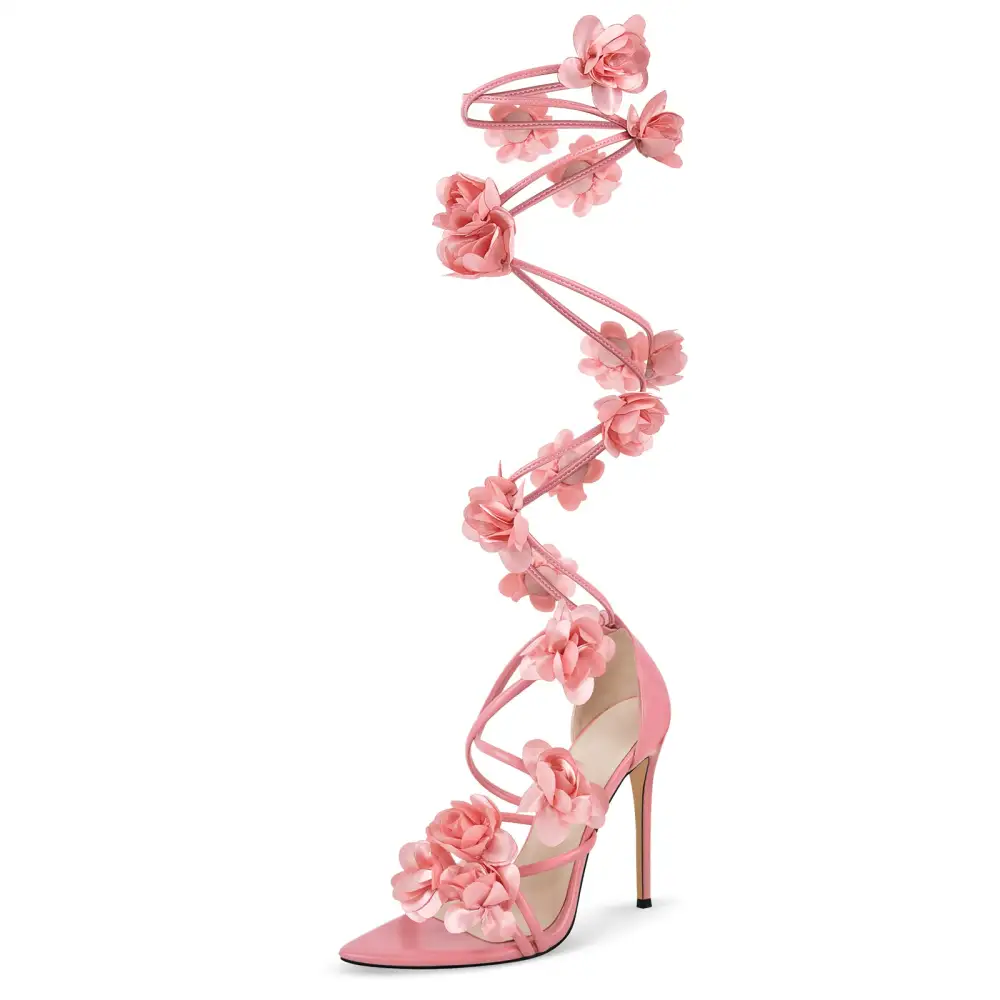 Pointed Toe Flower Strappy Lace Up Sandals
