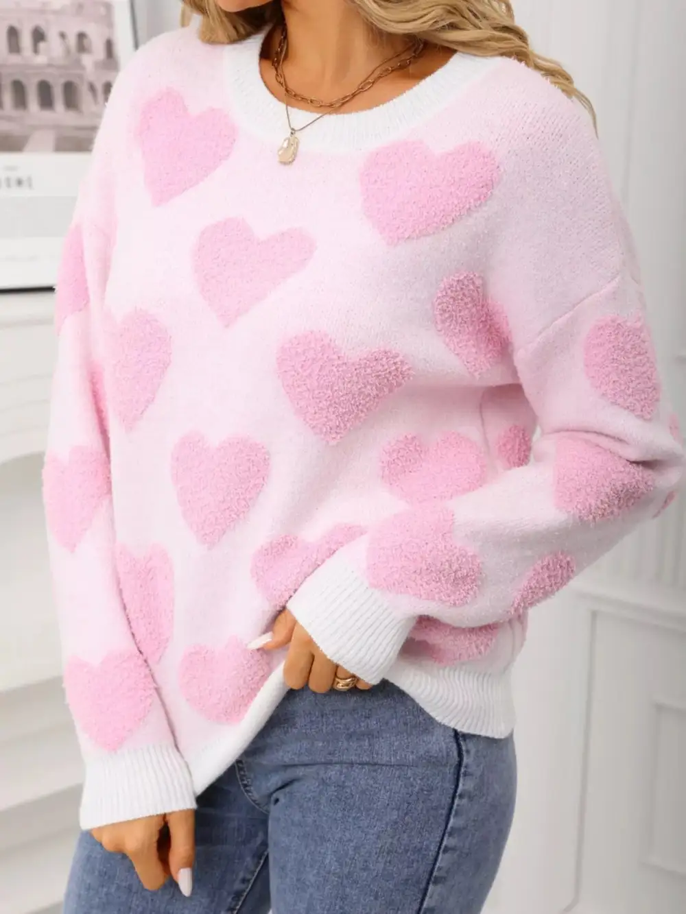 Textured Valentine's Day Heart Pattern Round Neck Sweater