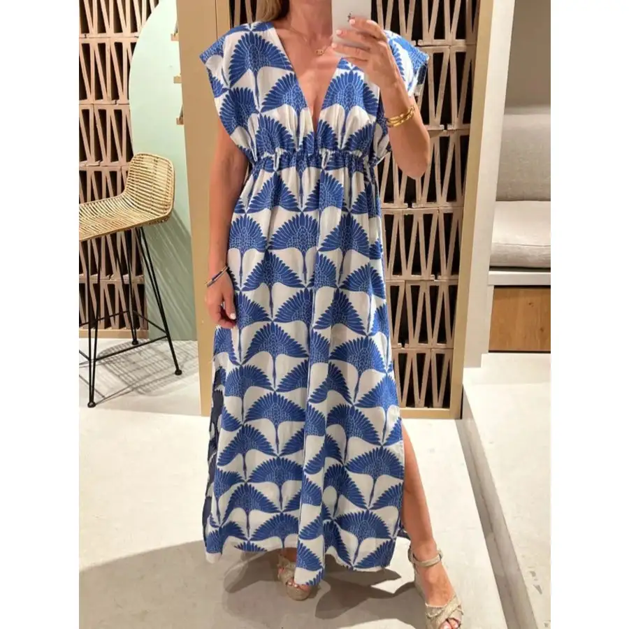 Slit Printed V Neck Cap Sleeve Maxi Dress