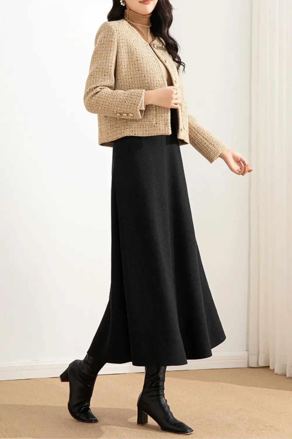 Checkered Wool Blend A Line High Waist Skirt