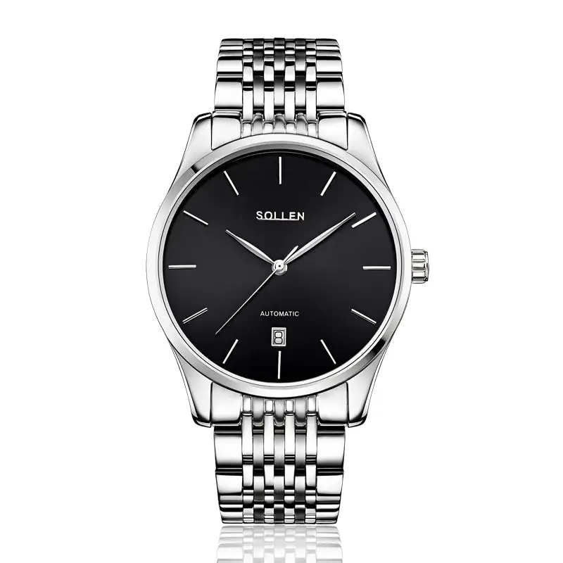 Sollen 9008 Automatic Watch - Men's Sunray Dial Slim Profile 9-Bead Stainless Steel Bracelet Wristwatch