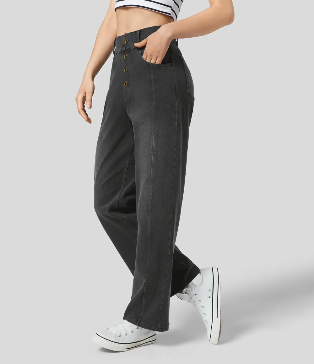 Magic High Waisted Decorative Button Multiple Pockets Straight Leg Stretchy Knit Casual Boyfriend Jeans