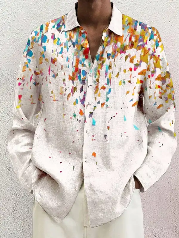 Open Collar Cotton Linen Printed Shirt