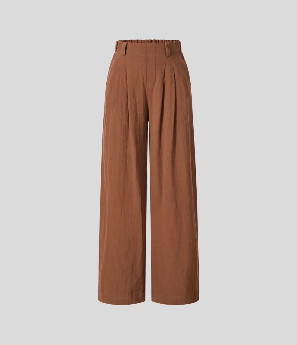 High Waisted Plicated Side Pocket Wide Leg Flowy Solid Palazzo Casual Linen-Feel Pants