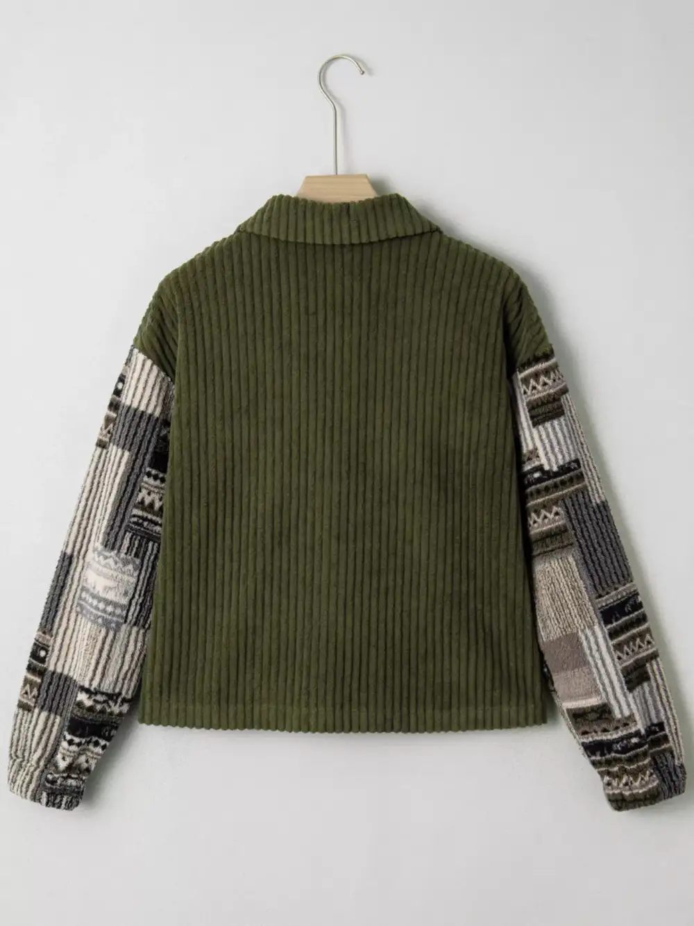 Ribbed Fleece Plaid Print Patchwork Button Up Jacket