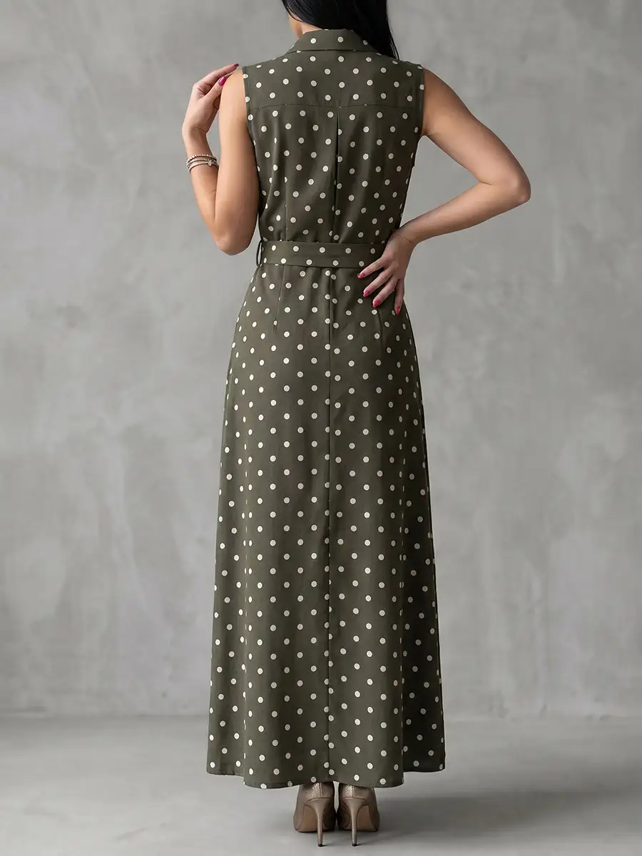 Polka Dot Buttoned Belted Sleeveless Shirt Maxi