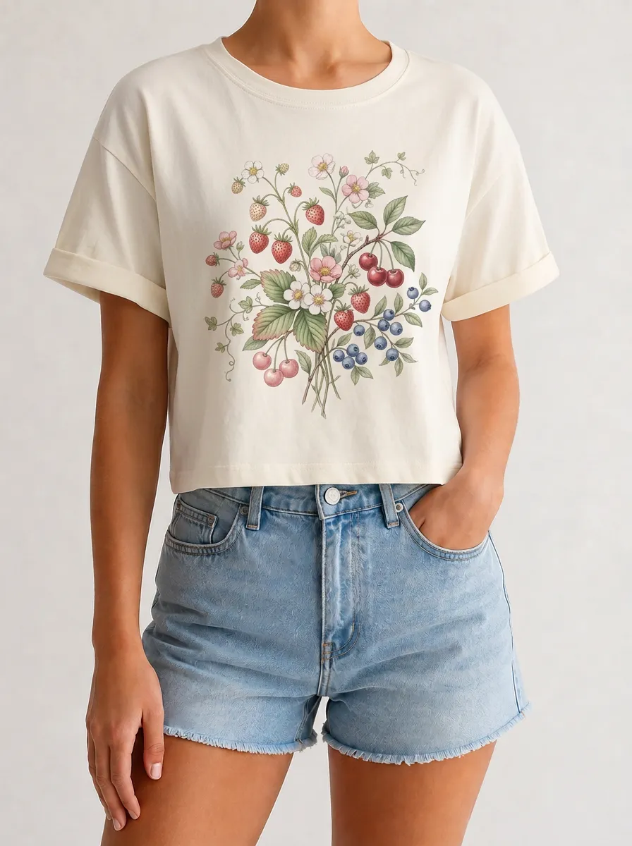 Women's Botanical Fruit Lover Strawberry Cherry Blueberry Printed T-shirt