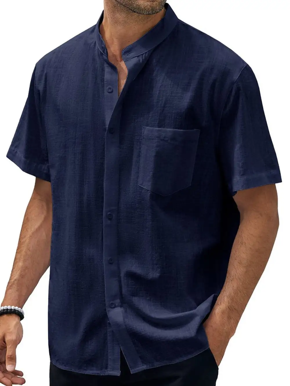 Cotton Linen Stand Collar Shirt