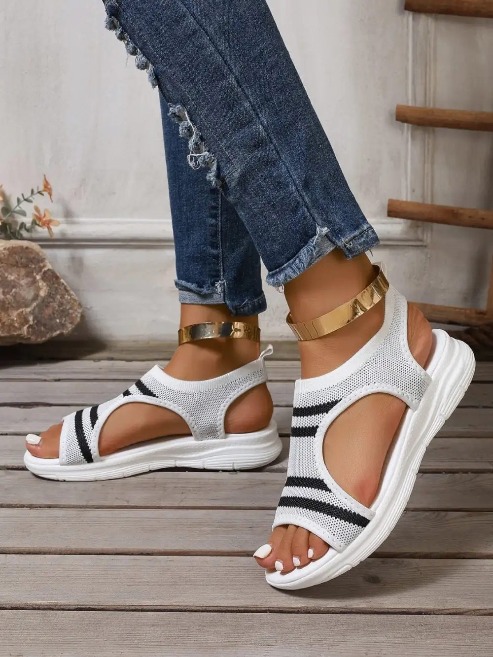 Peep-Toe Cutout Flat Sandals