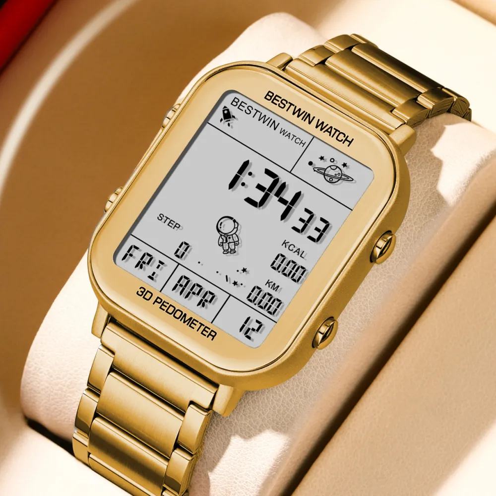 Luxury Gold-Tone Digital Watch with 3D Pedometer and Space-Themed Display