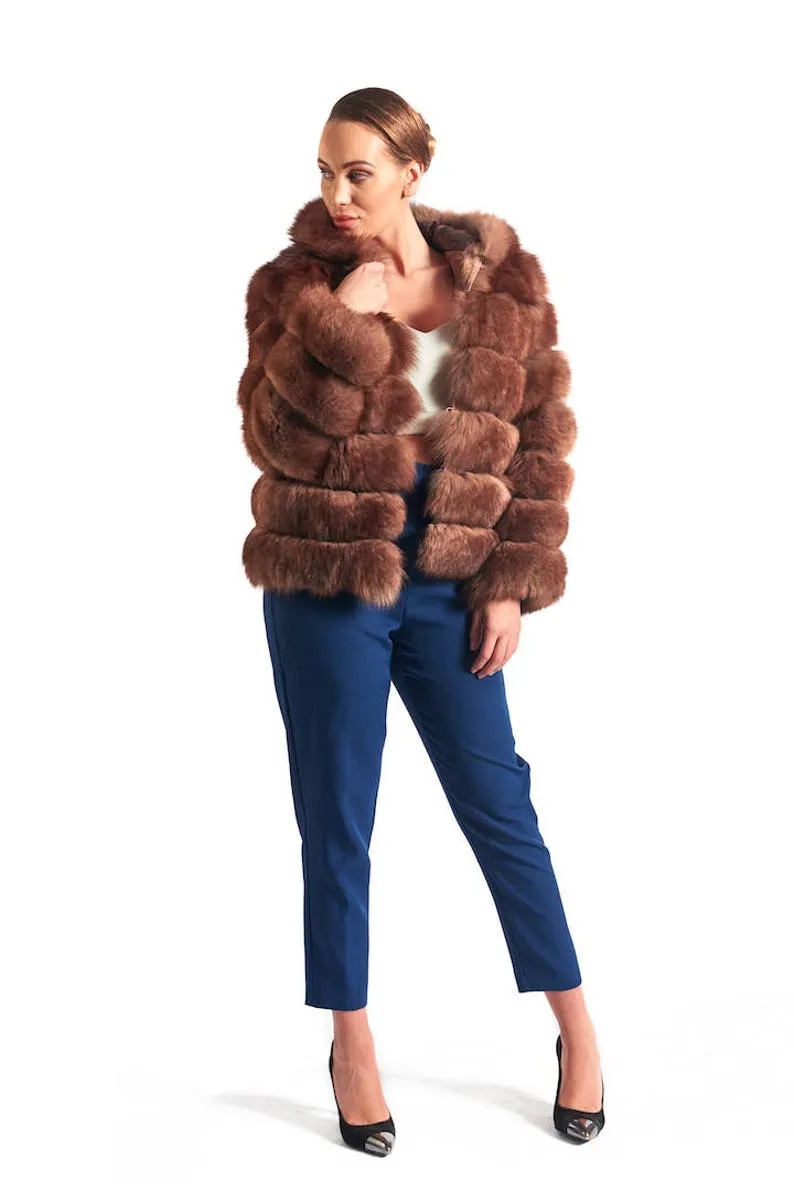 Brown Fox Fur Coat Women's Hooded