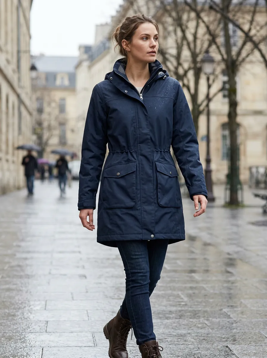 Women's Navy Blue Hooded Waterproof Rain Jacket with a Hood and a Stand Collar