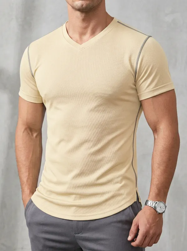 Classic Textured Curved Hem V-Neck Detail Men's Slim Fit Short Sleeve T-Shirt