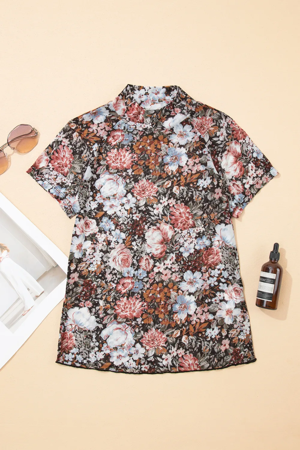 Brown Floral Print High Neck Top