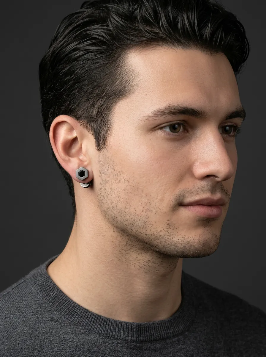 Men's Industrial Hexagon Nut Stone Stud Earrings