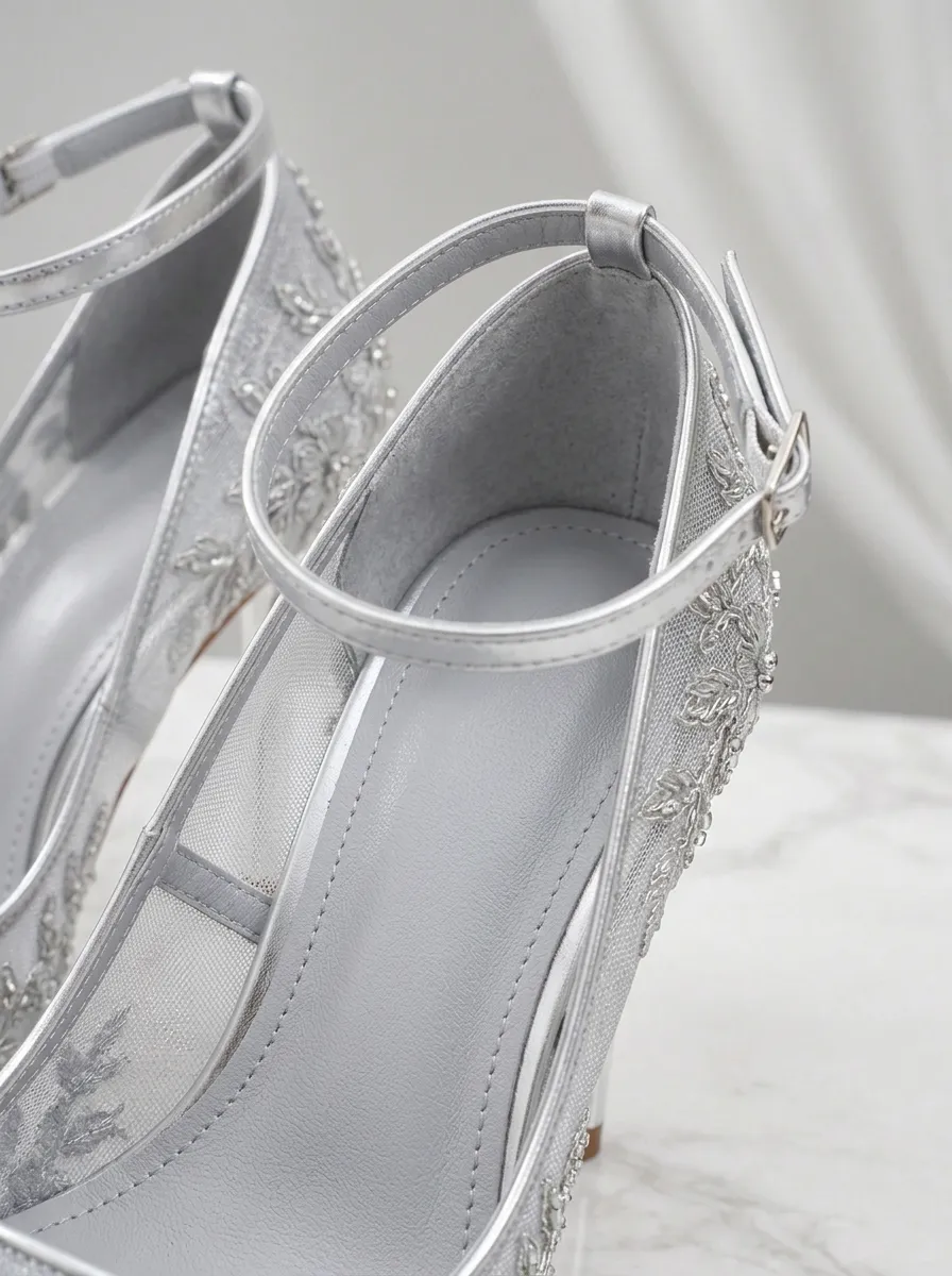 Floral Embroidered Mesh Buckle-Strap Women's Formal High Heels