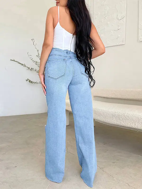 High-Waist Wide-Leg Ripped Pocketed Straight Leg Jeans