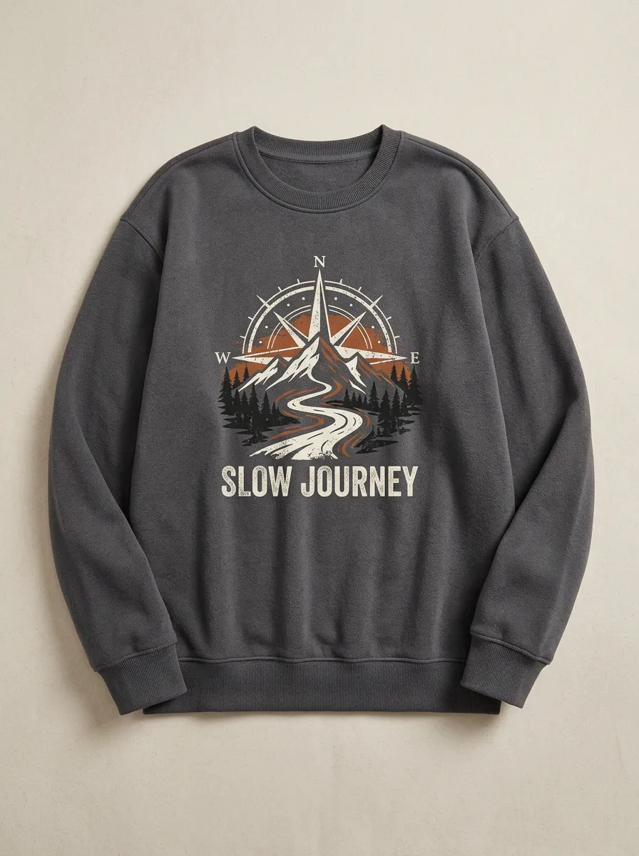 Unisex Outdoor Adventure Compass Mountain Printed Sweatshirt