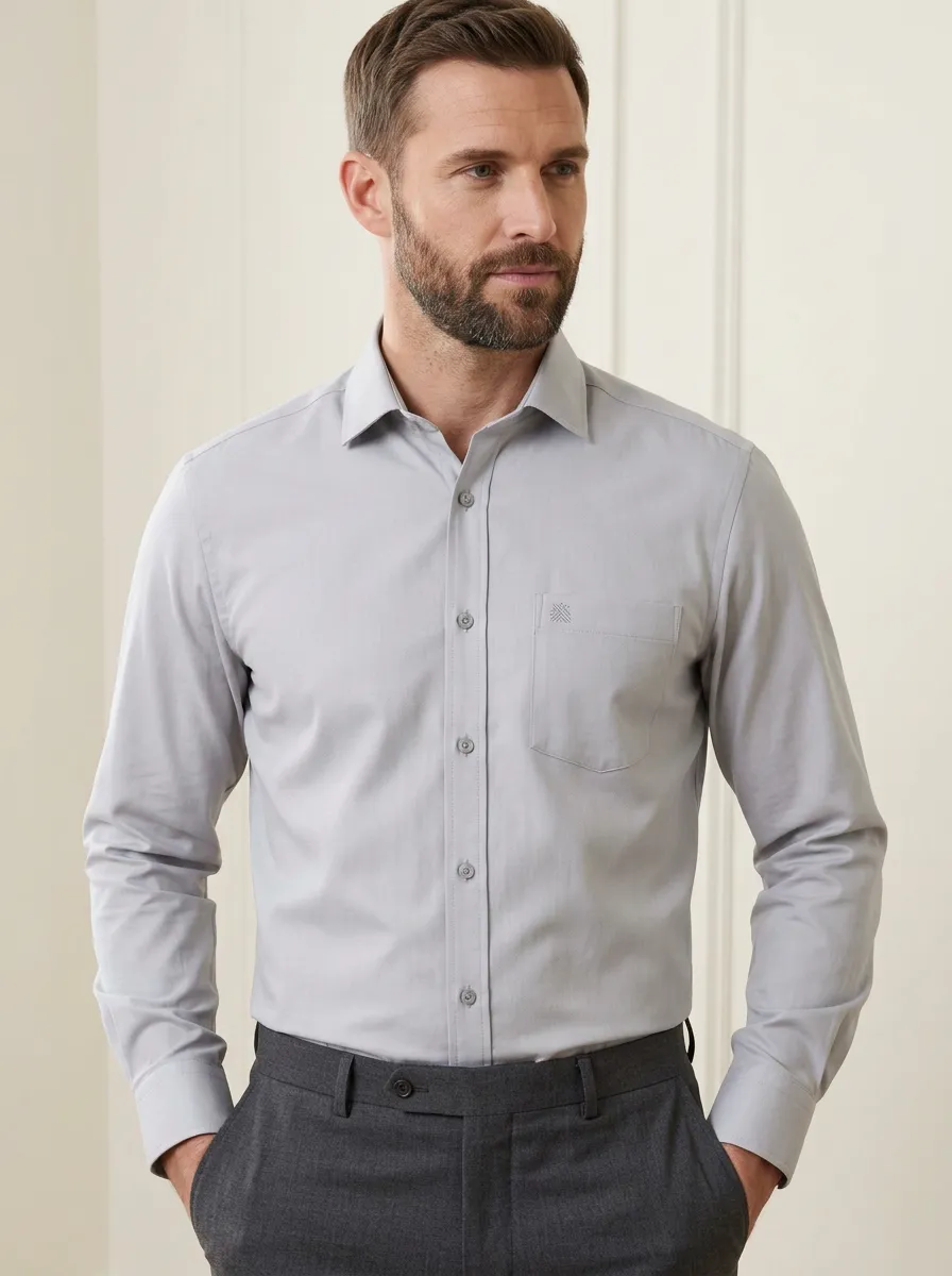 Men's Non-Iron Cotton Geometric Logo Embroidered Long Sleeve Shirt