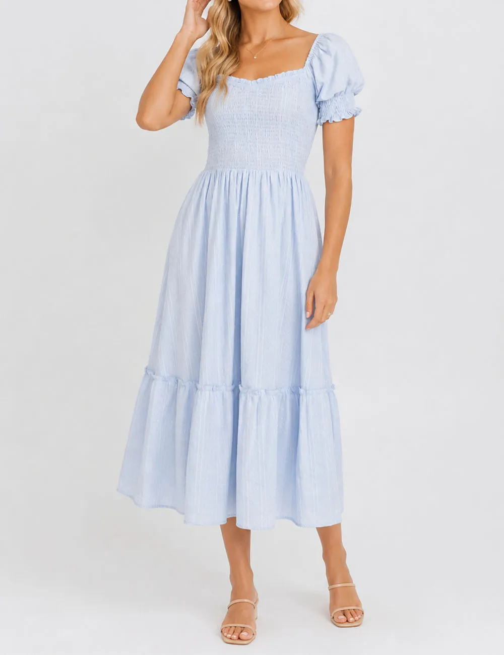Romantic Dobby Textured Puff Sleeves Smocked Midi Dress