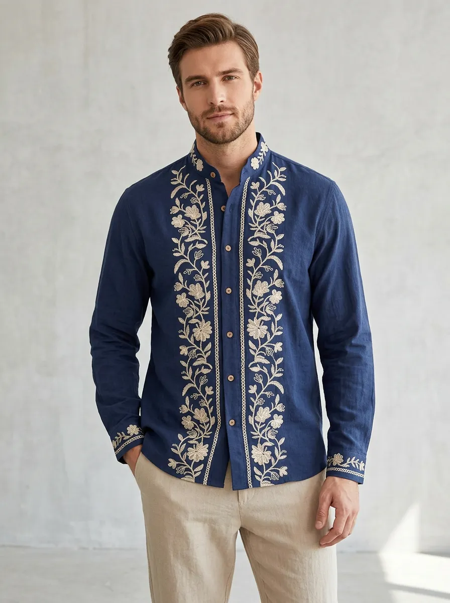 Men's Casual Floral Folk Embroidered Shirt