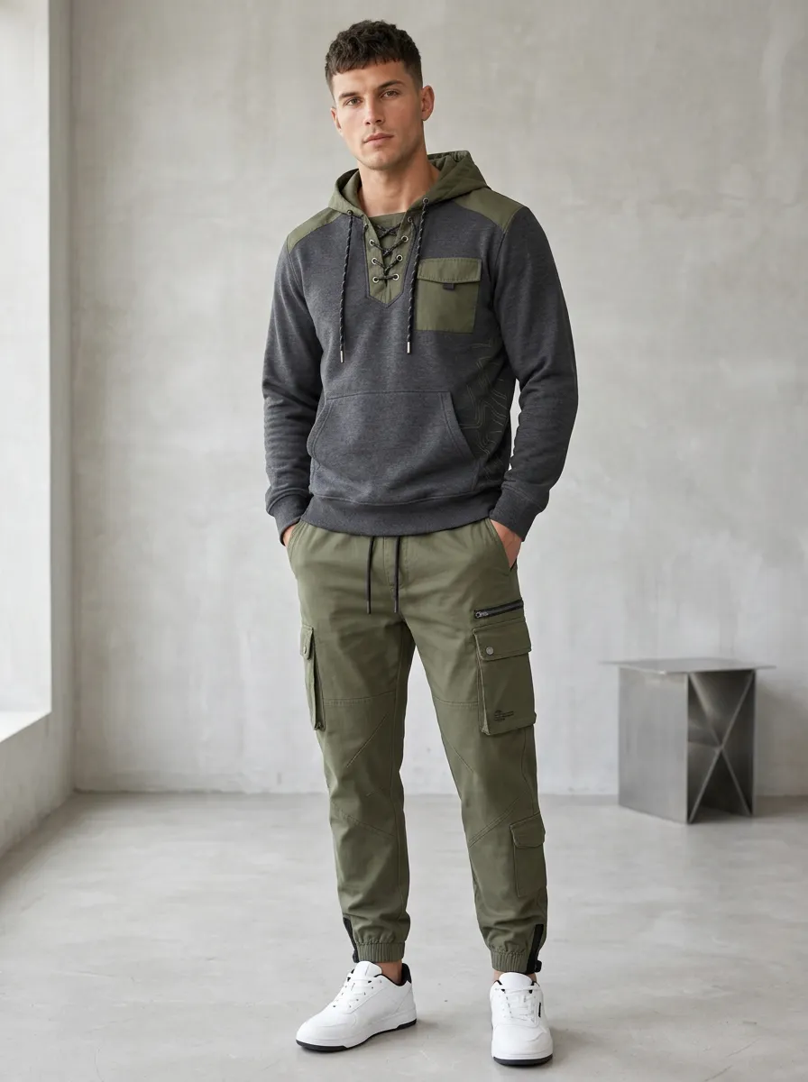 Functional Lace-Up Multi Pocket Fit Men's Lace Up Hoodie And Cargo Jogger Set