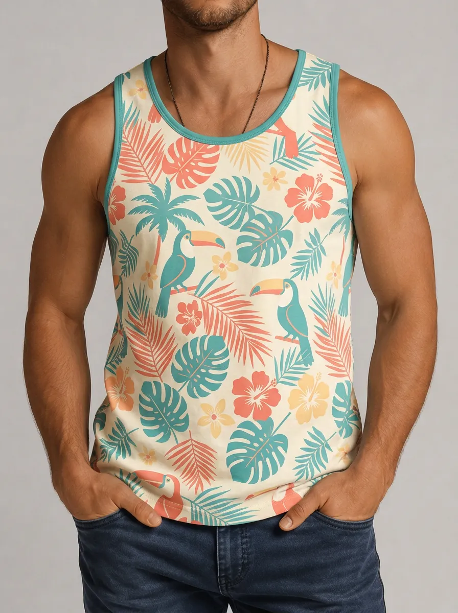 Men's Tropical Summer Toucan Hibiscus Printed Tank Top