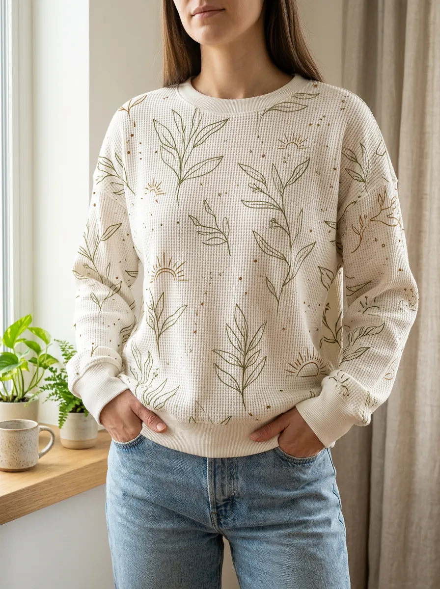 Women's Boho Botanical Sun Waffle Knit Crewneck Sweatshirt