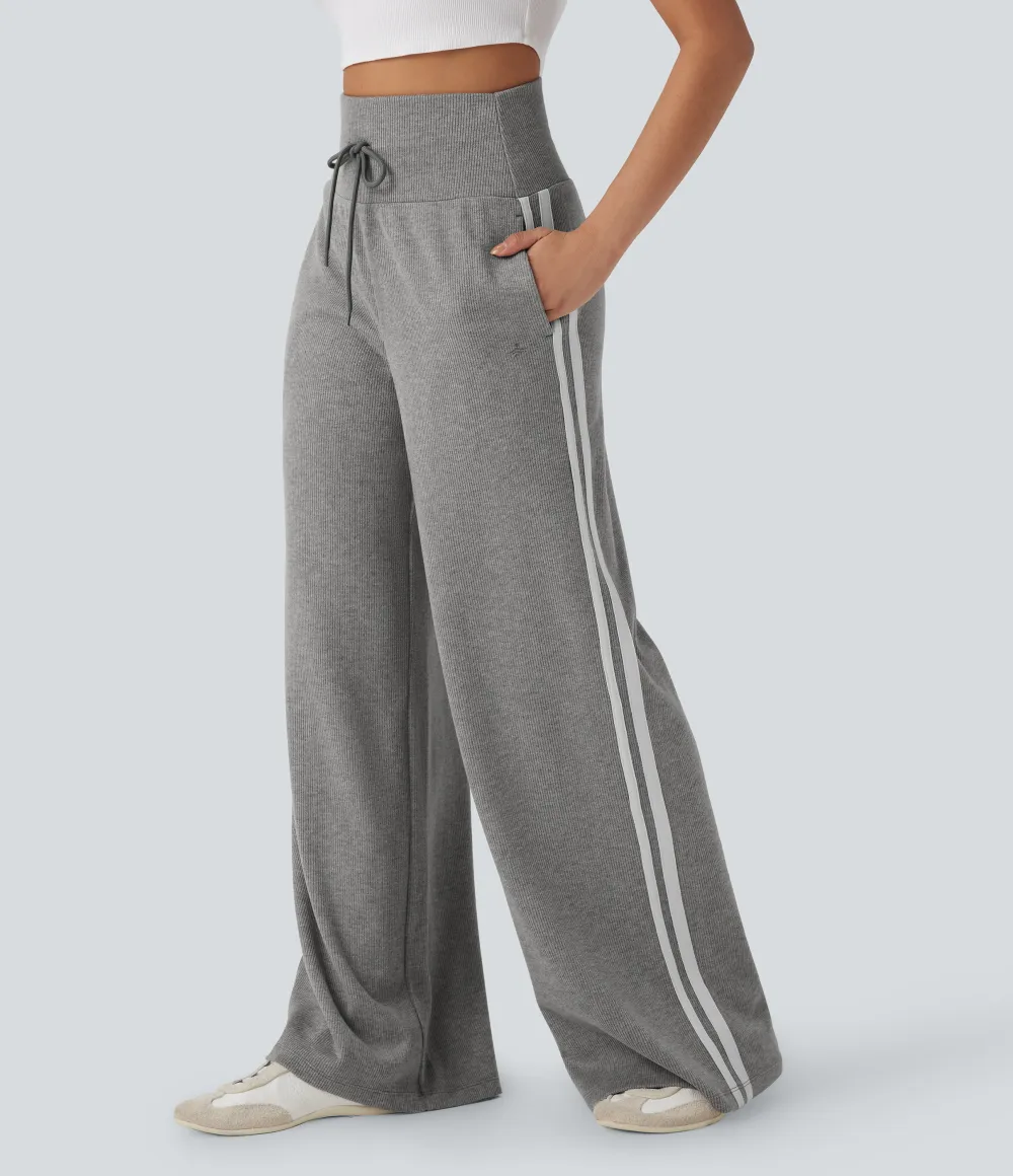 2026🔥  Ribbed SoCinched High Waisted Tummy Control Drawstring Wide Leg Color Block Casual Trousers with Pockets