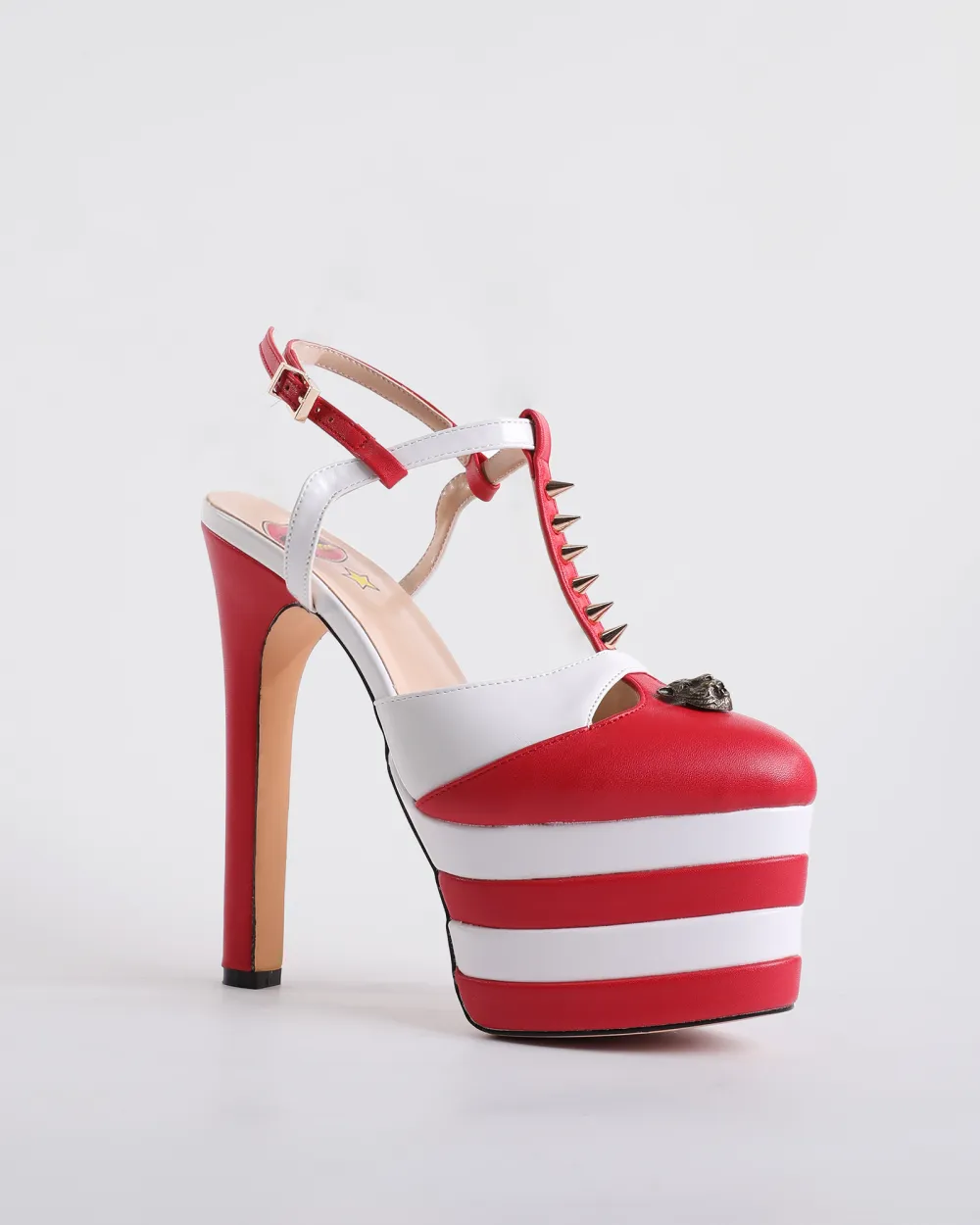 Vintage Stripe Rivet Strap Platform Heels in Red