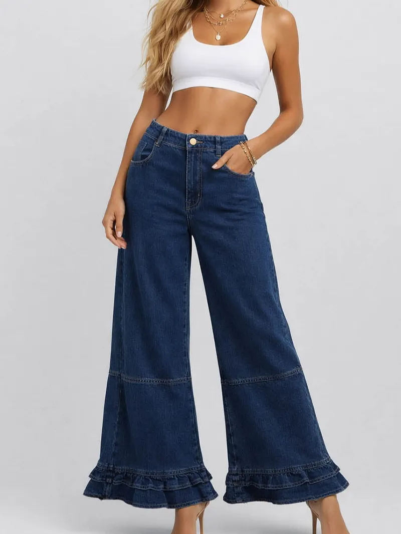 Ruffle Hem Jeans Elastic Waist Wide Leg Denim Pants